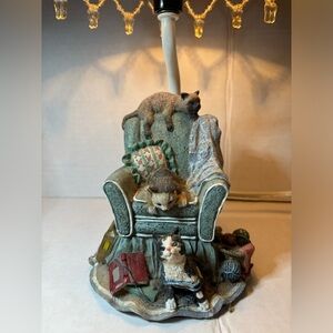 Cat Trio Decorative Lamp Figurine in Muted Teal and Cream